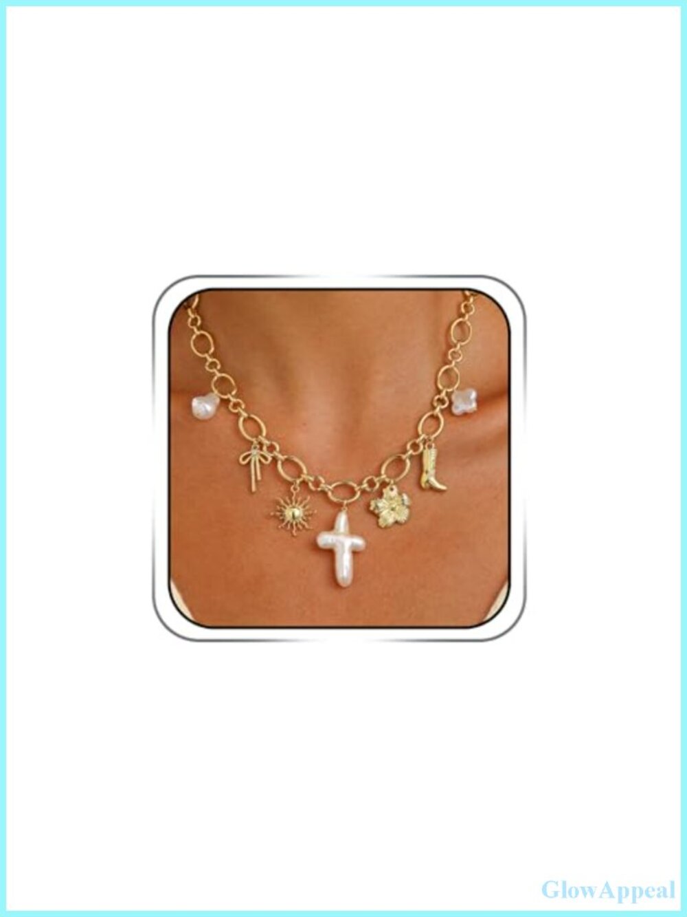 Chunky Charm Cross Pearl Necklace Women 14K Gold Plated Beach Summer